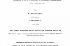 Certyfikat - Lekarz dentysta Karolina Dranka - Ochrona radiologiczna pacjenta